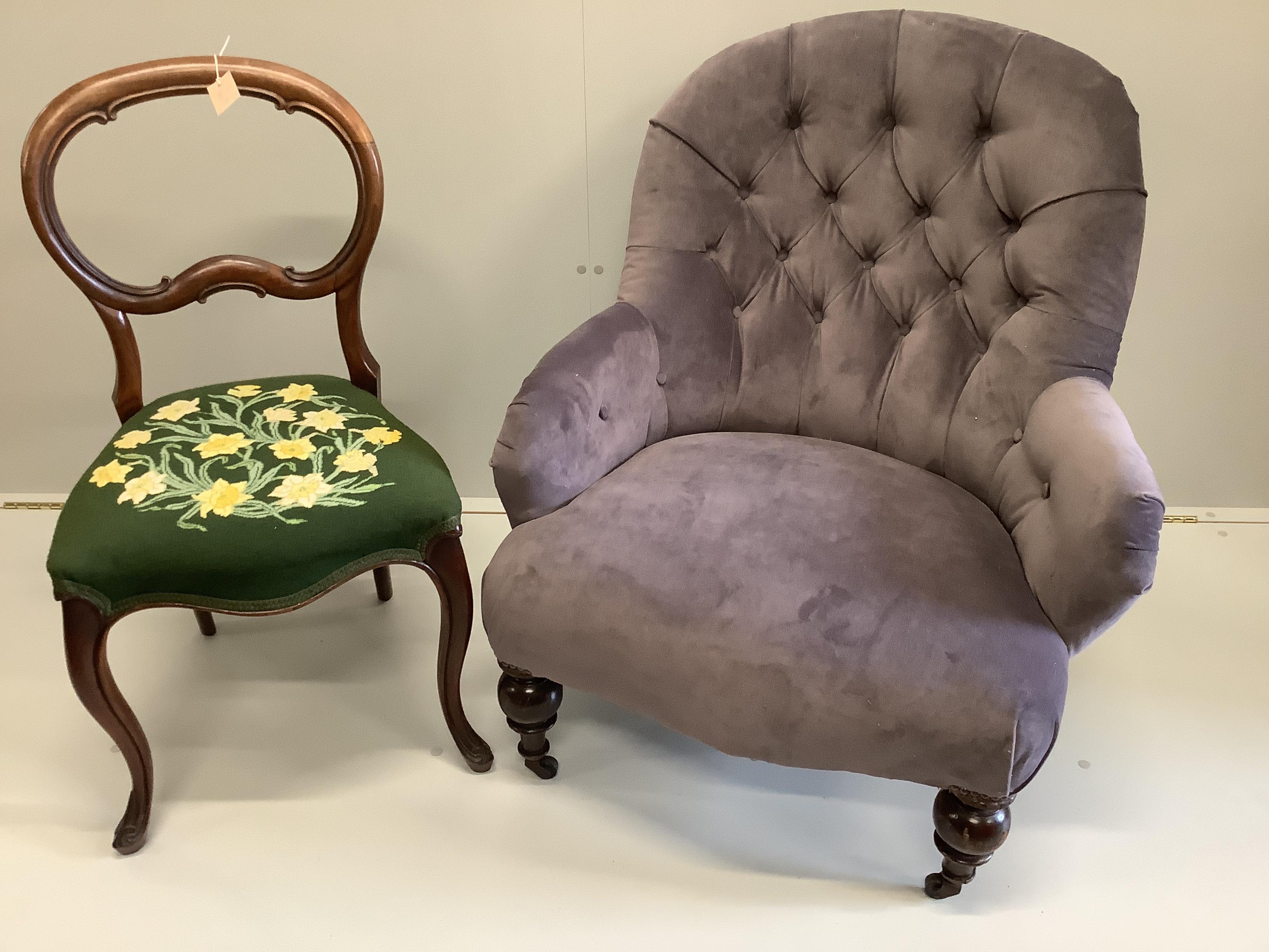 A Victorian upholstered spoonback armchair, width 73cm, depth 64cm, height 86cm together with a Victorian rosewood dining chair